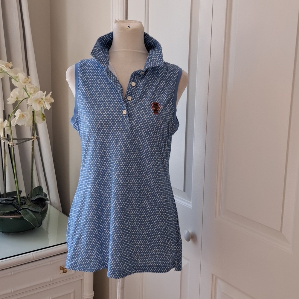 Peter Millar Womens Performance Blue/White Print Sleeveless Golf Polo Shirt SM